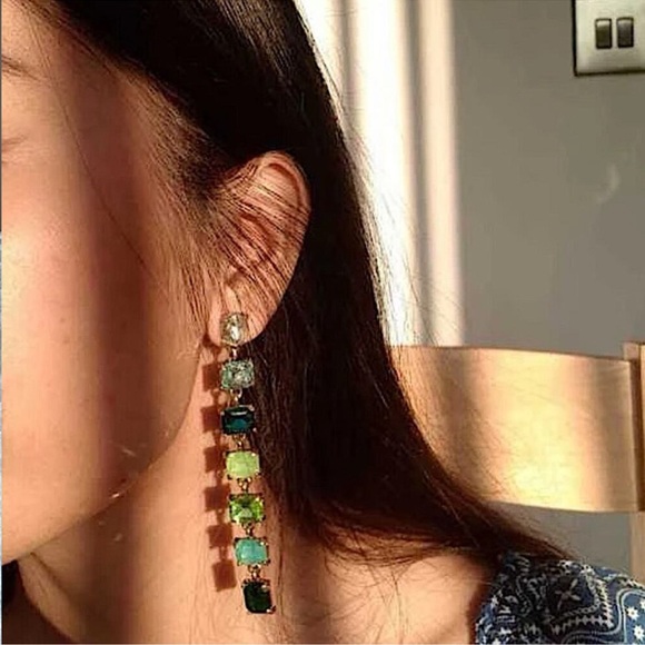 Antique Gold Emerald Cut Crystal Opal Sapphire Aquamarine Tassel Drop Earrings - Picture 7 of 13